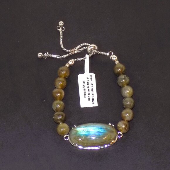 New Labradorite Cabochon Bolo Bead Slide Bracelet Made in India - Picture 1 of 9